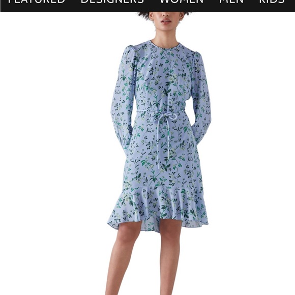 LK Bennett Dresses & Skirts - Blue and White Ruffled Fit and Flare Dress with Bishop Sleeves